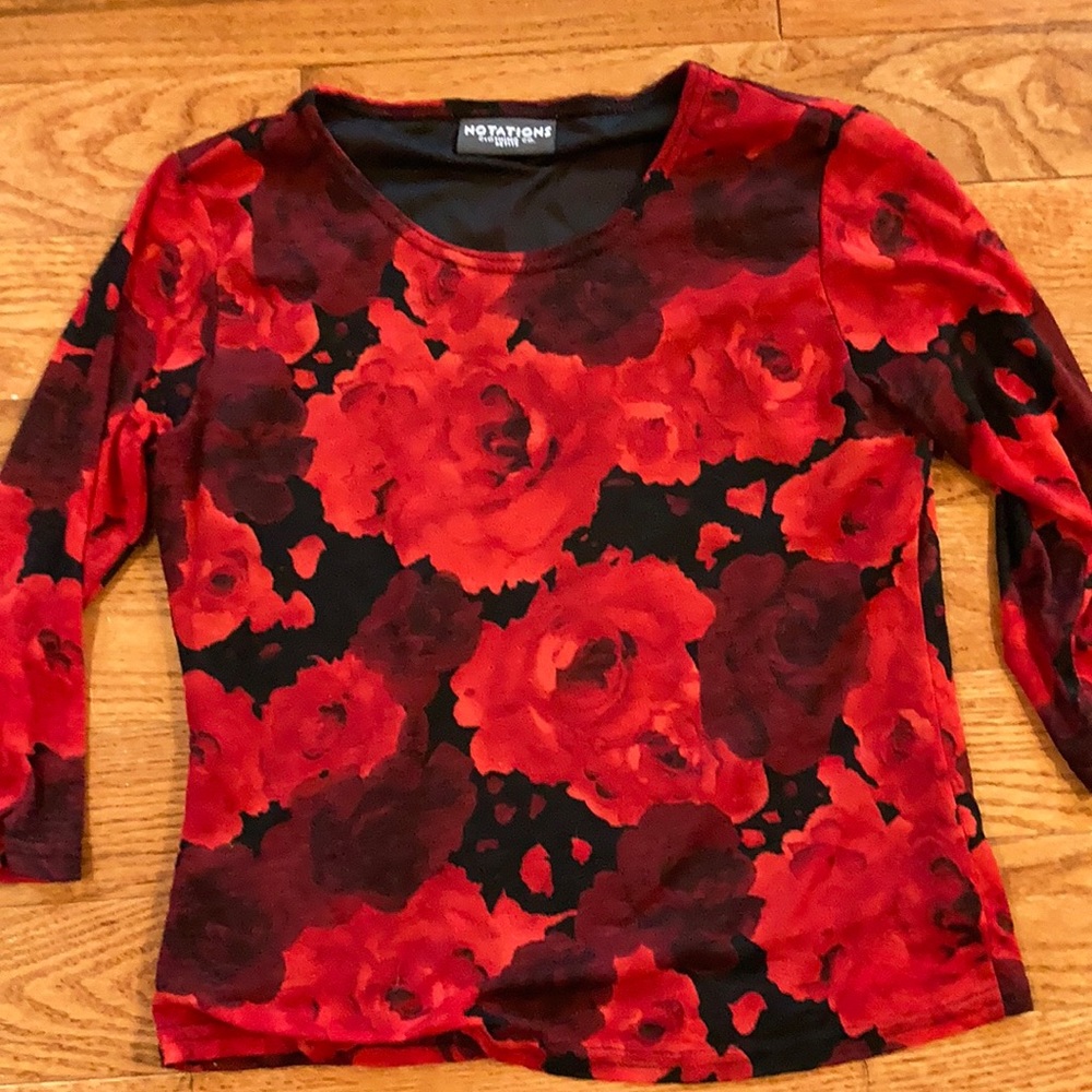 Vintage 90s red black floral second skin sheer sleeves top Notations clothing co